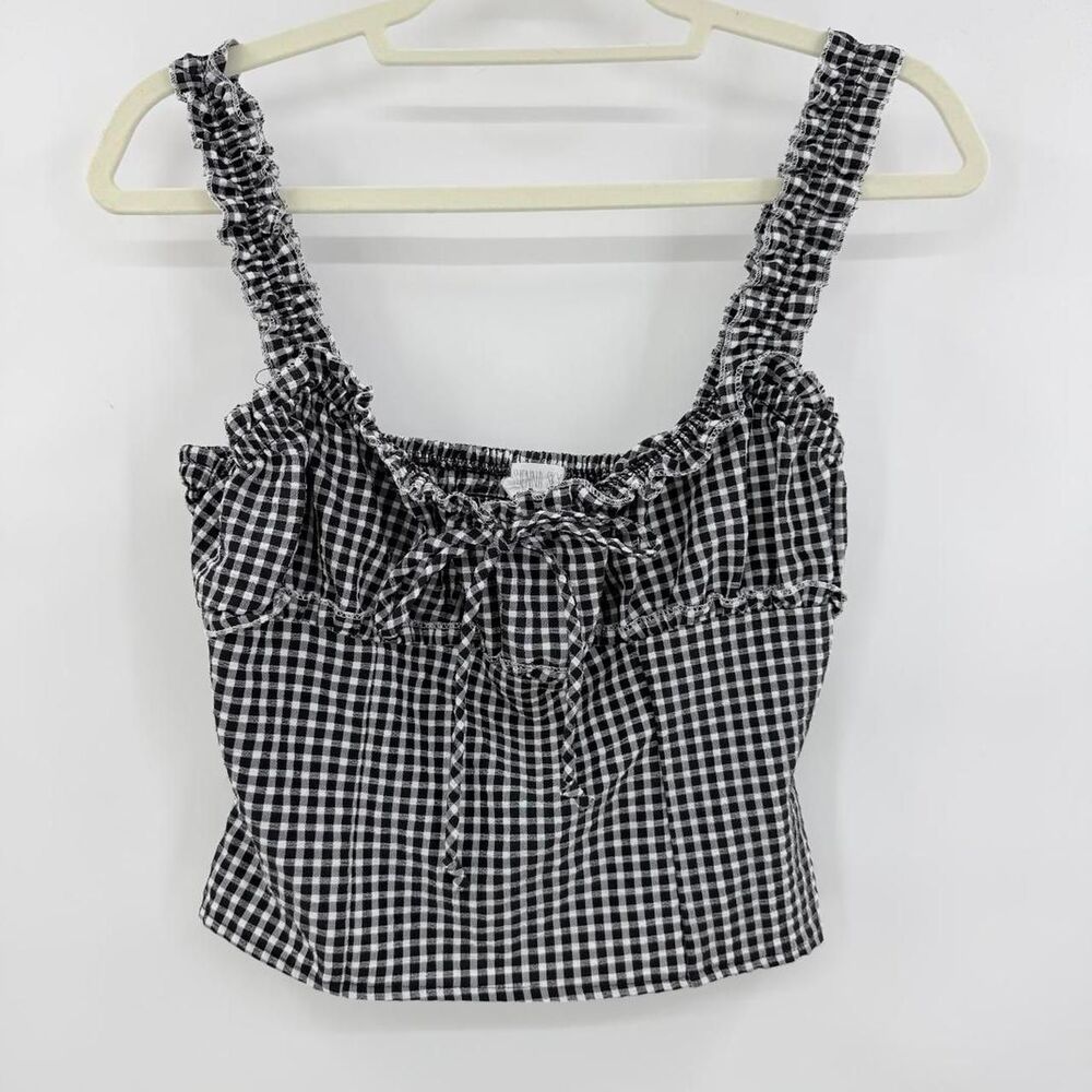 Sienna Sky Womens Black White Gingham Smocked Back Ruffle Crop Top Medium